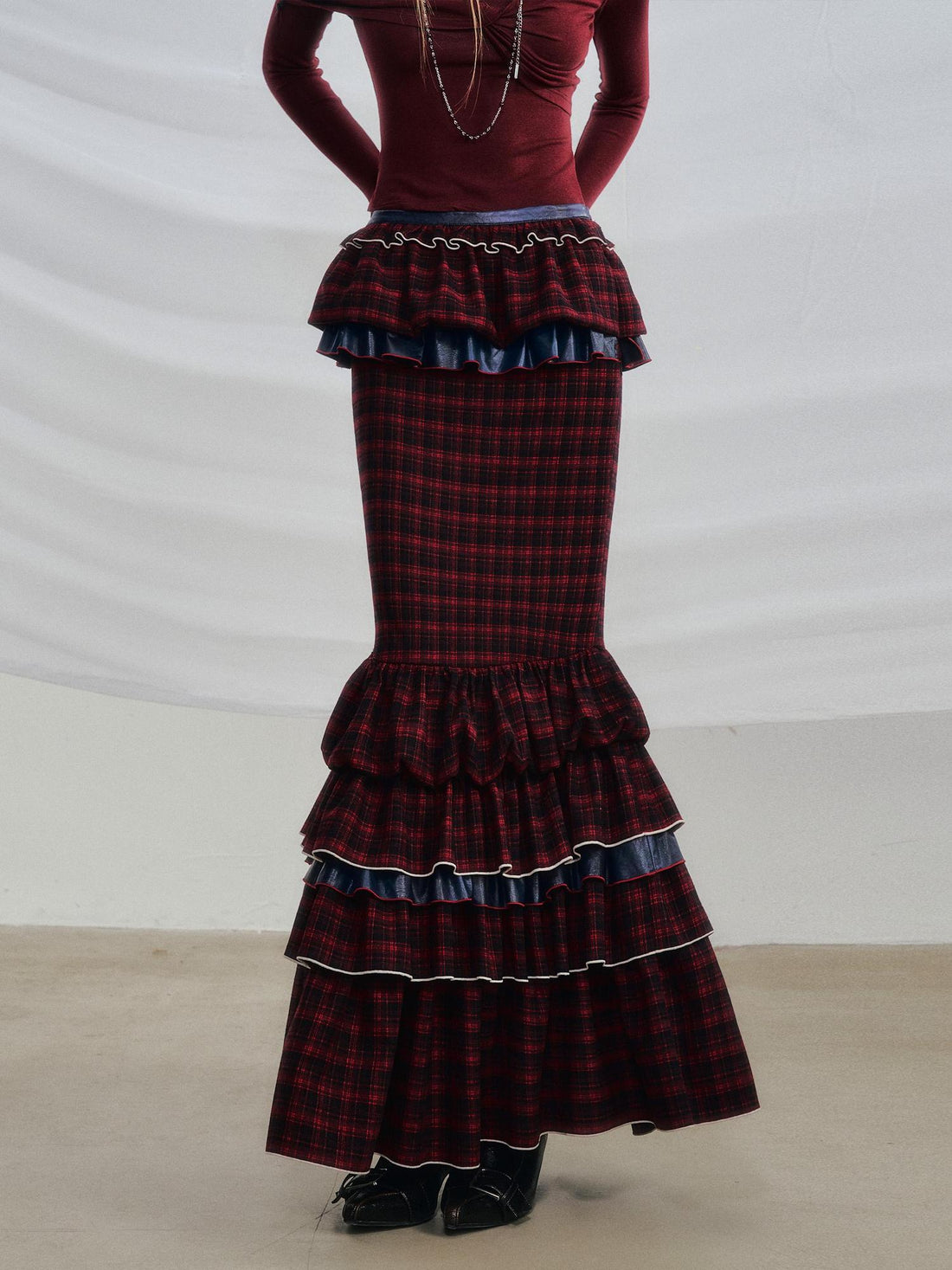 OfAkiva Red Blue Plaid Reversible Mermaid Tiered Skirt Christmas