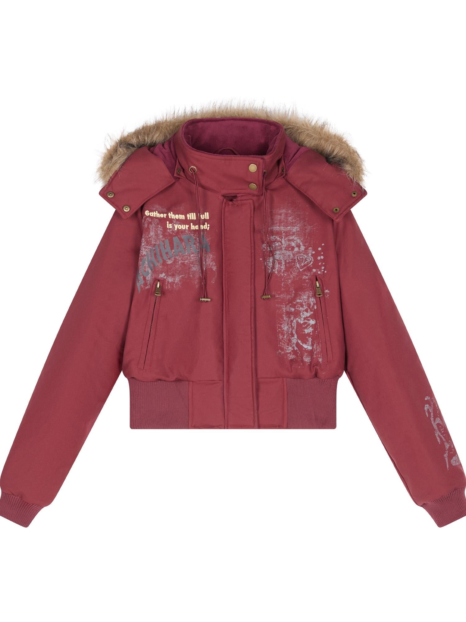 Achihara Vintage Han Stone Print Detachable Hood Puffer