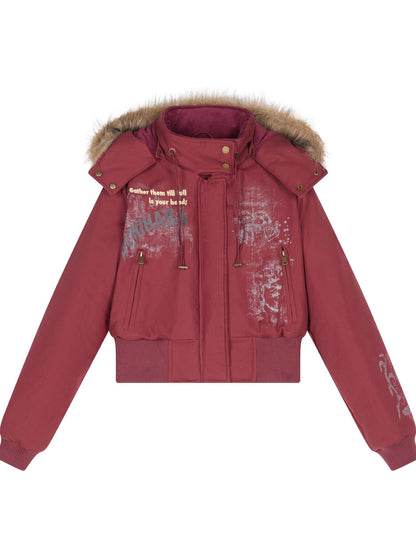 Achihara Vintage Han Stone Print Detachable Hood Puffer