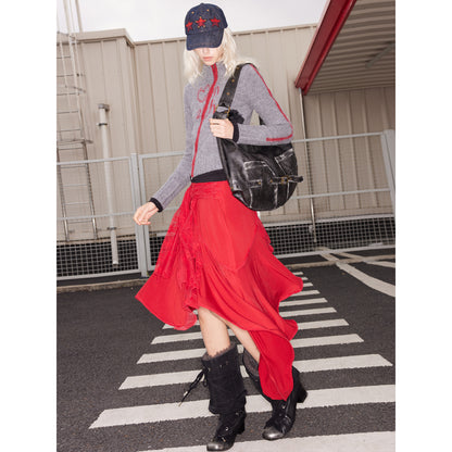 2th Desire Wool Lace Tie Waist Asymmetric Knit Skirt
