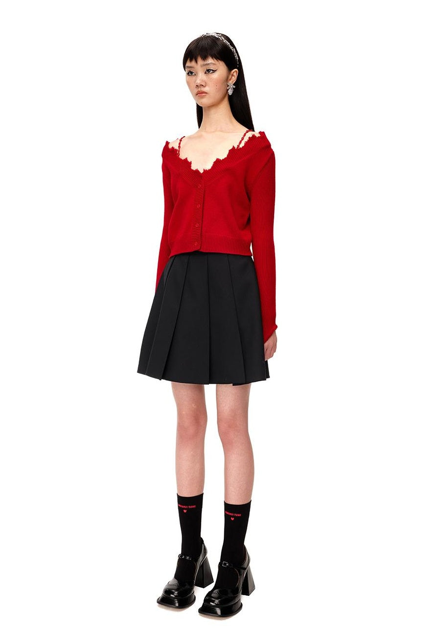 Red V-Neck French-Inspired Fringed Knit Cardigan