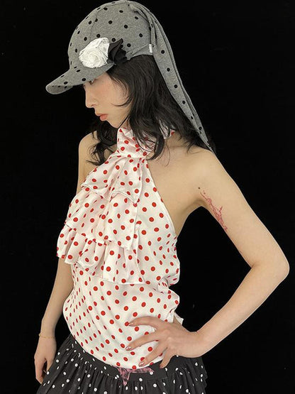 Ttsunami Red White Polka Dot Summer Backless Halter Camisole Top