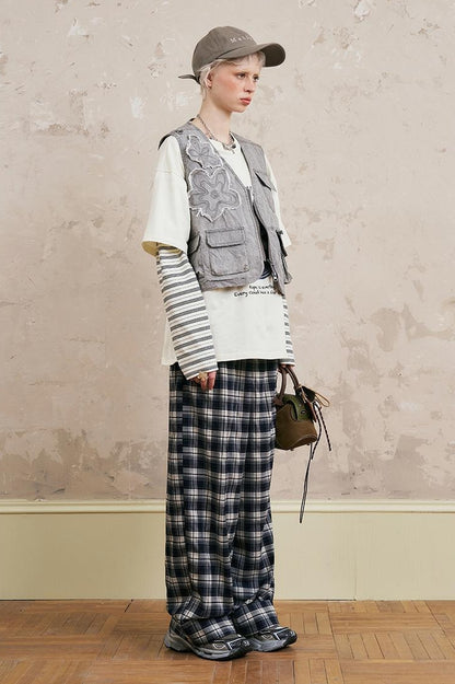 DIDDI MODA Relaxed Fold Hem Checkered Pants