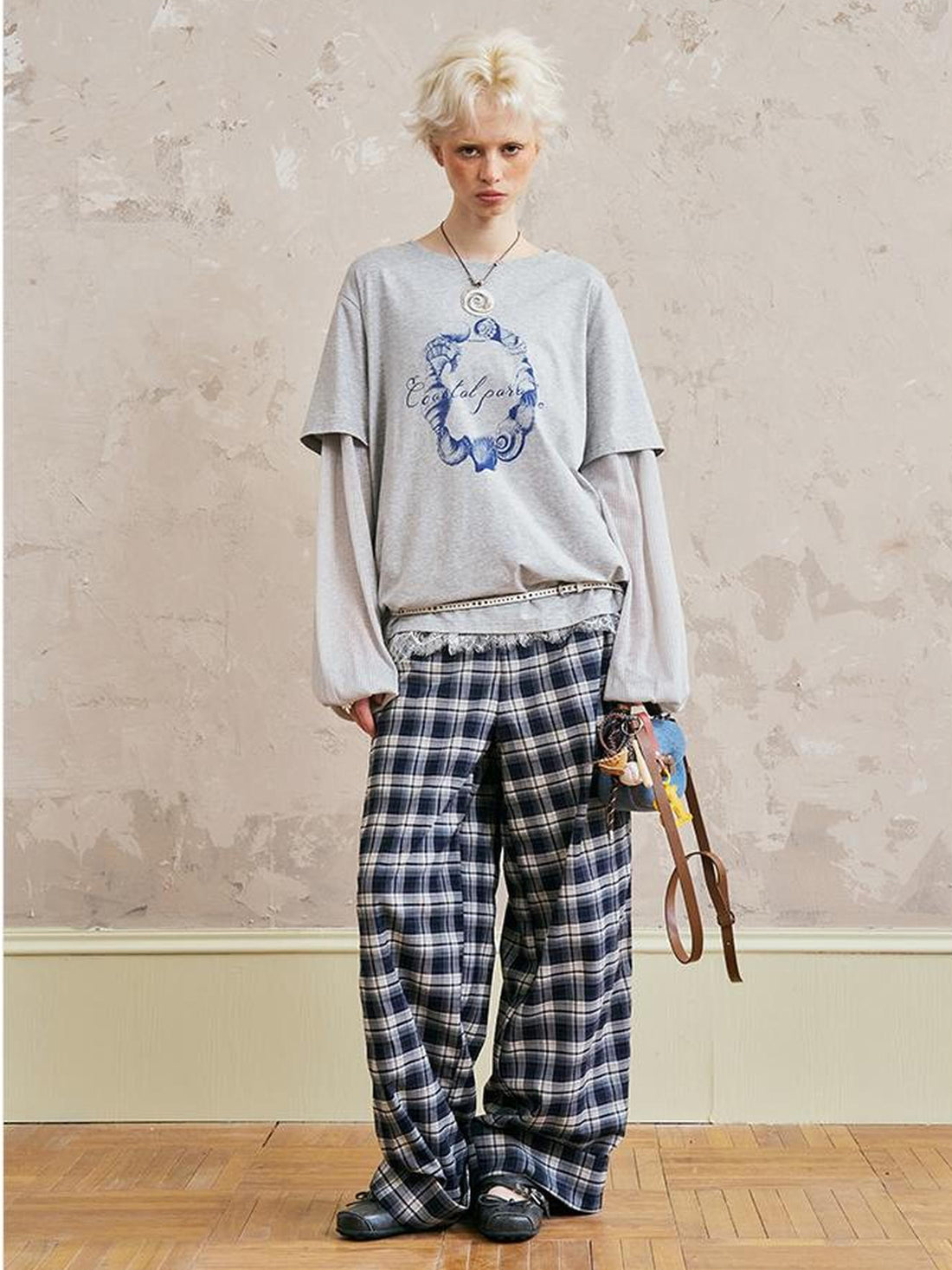 DIDDI MODA Relaxed Fold Hem Checkered Pants