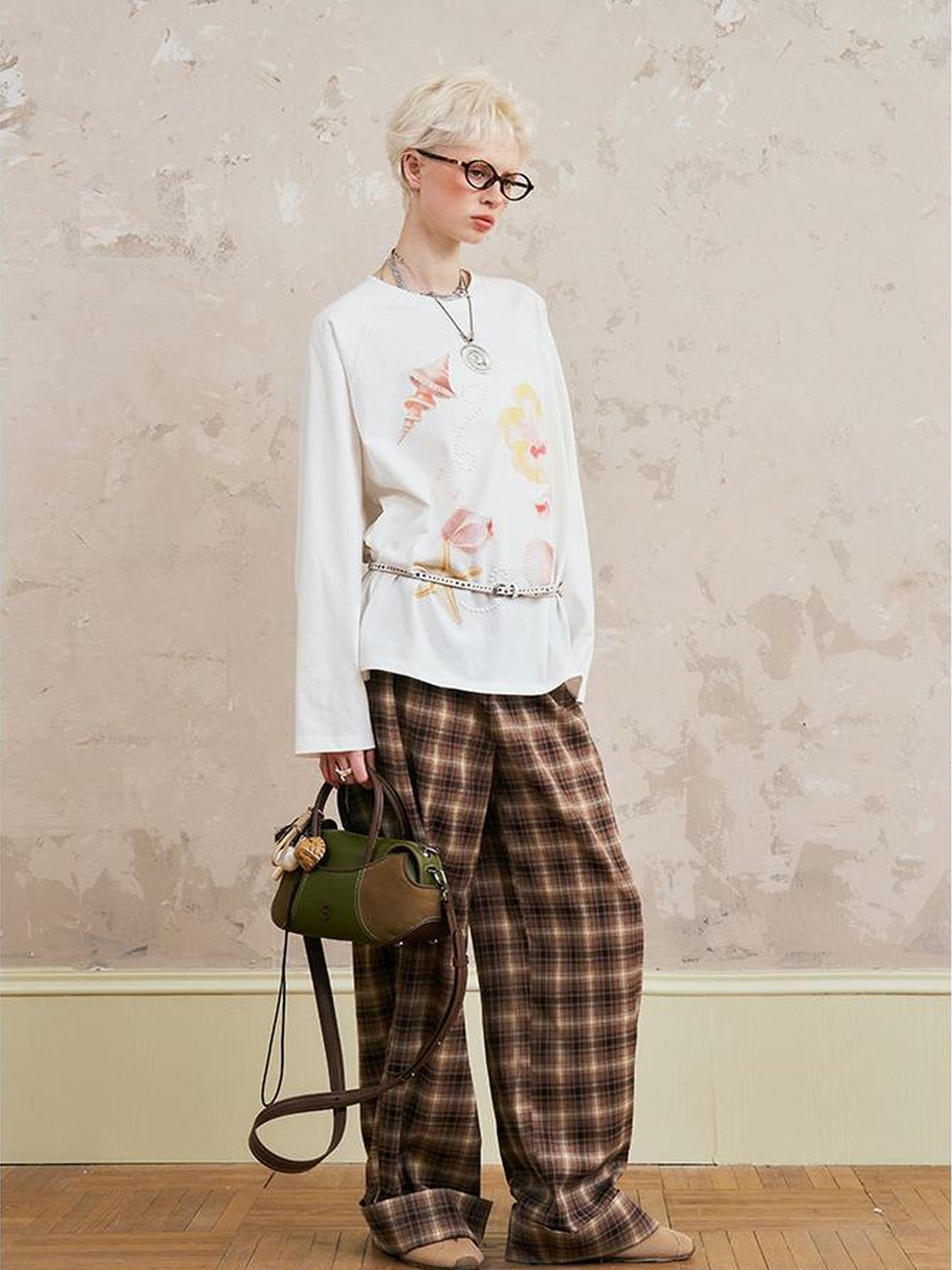 DIDDI MODA Relaxed Fold Hem Checkered Pants