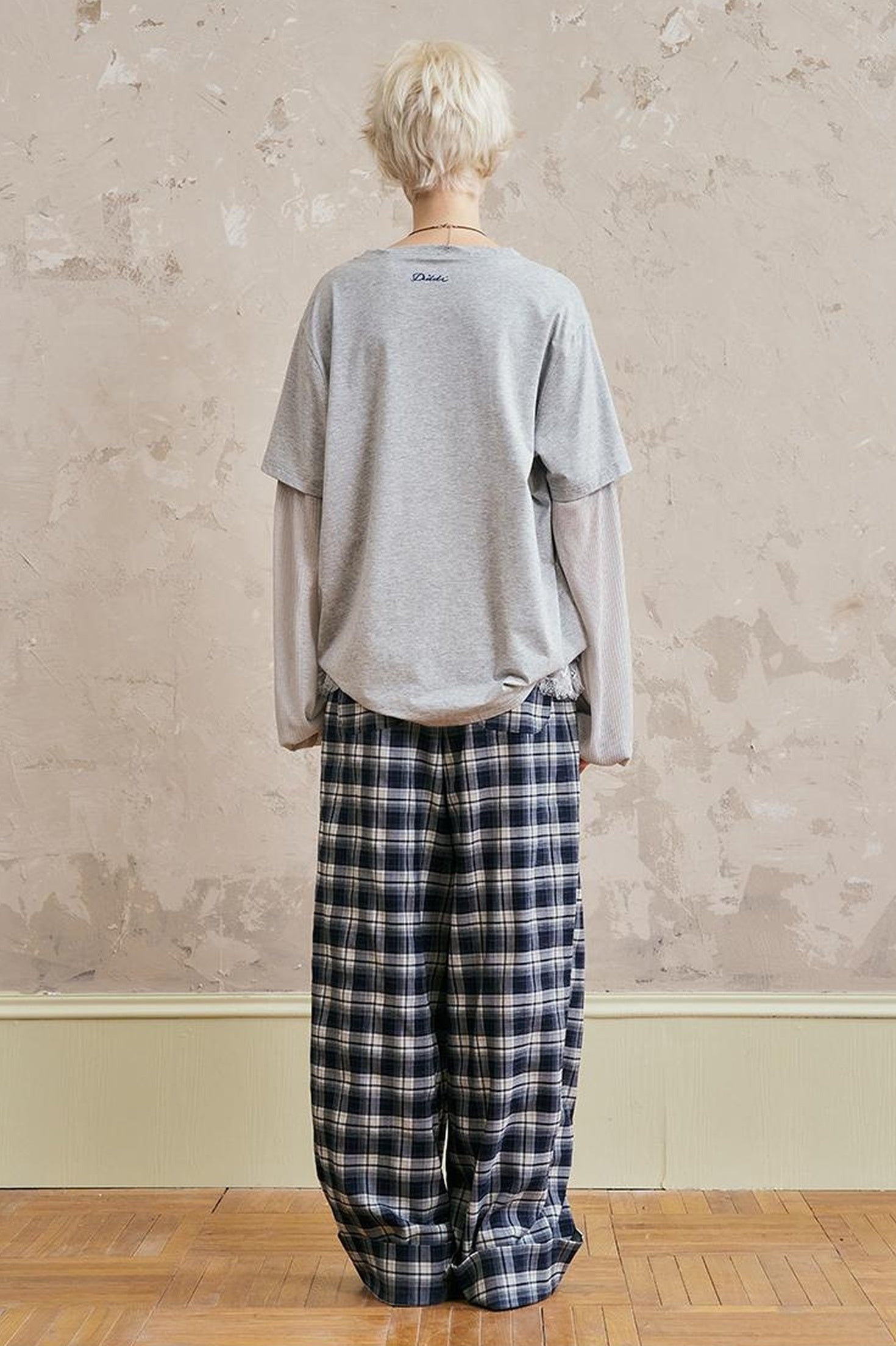 DIDDI MODA Relaxed Fold Hem Checkered Pants