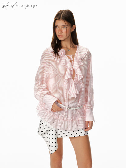 STRIKE A POSE Relaxed V-Neck Flowy Ruffle Stripe Blouse Shirt