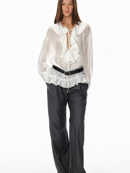 STRIKE A POSE Relaxed V-Neck Flowy Ruffle Stripe Blouse Shirt
