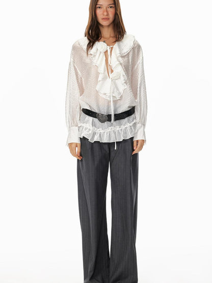 STRIKE A POSE Relaxed V-Neck Flowy Ruffle Stripe Blouse Shirt
