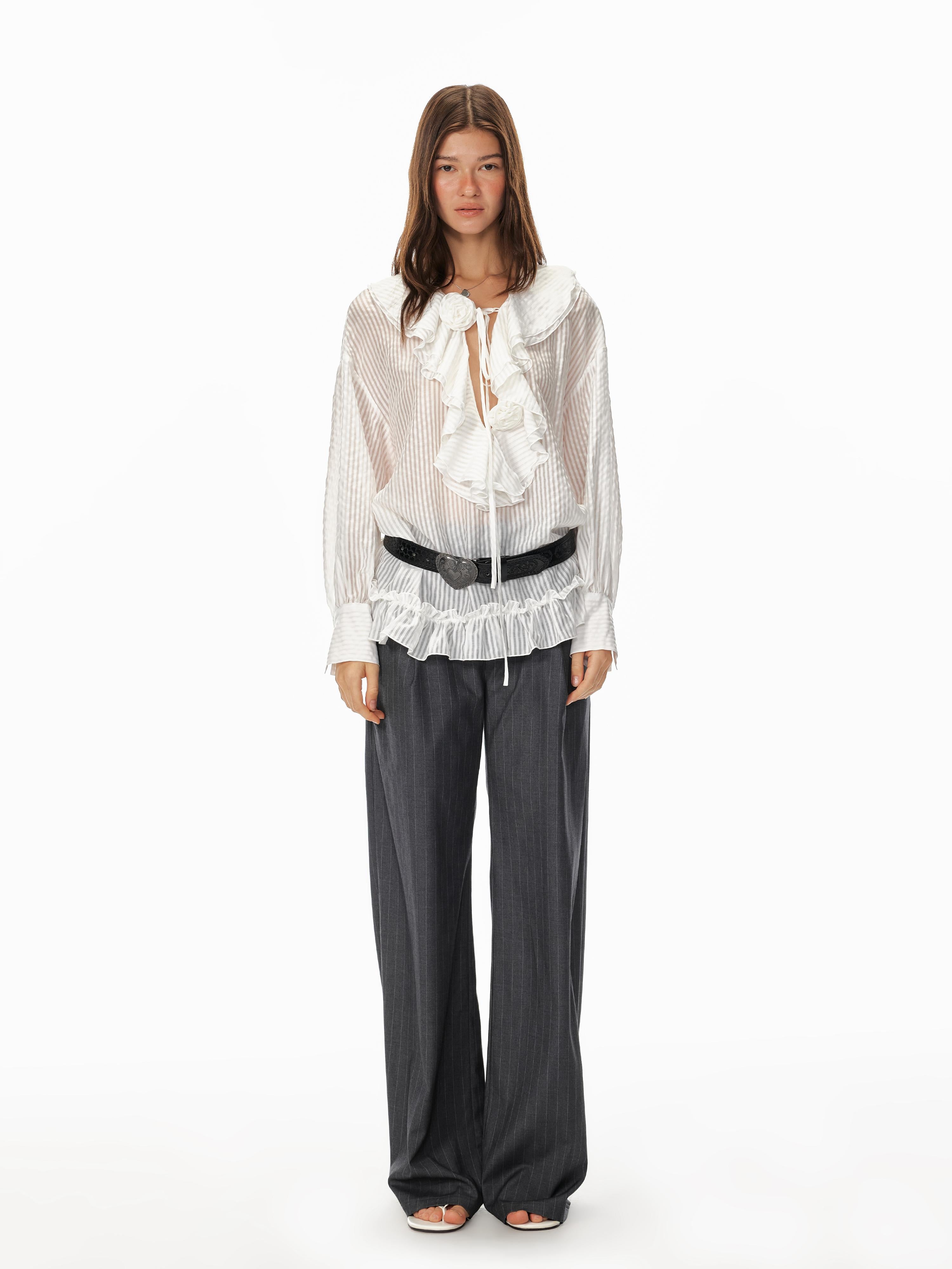 STRIKE A POSE Relaxed V-Neck Flowy Ruffle Stripe Blouse Shirt
