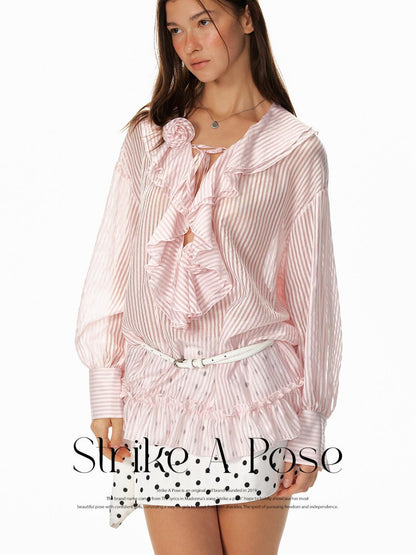STRIKE A POSE Relaxed V-Neck Flowy Ruffle Stripe Blouse Shirt