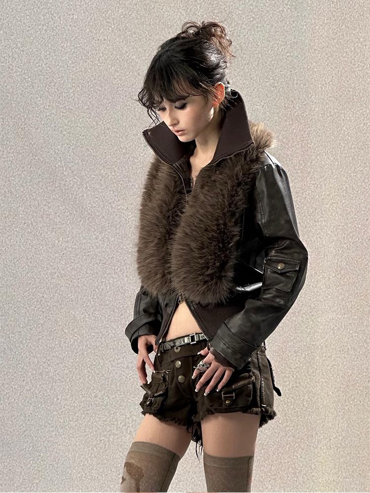 Flowers birds Market Removable Eco-Fur Windproof Short Leather Jacket