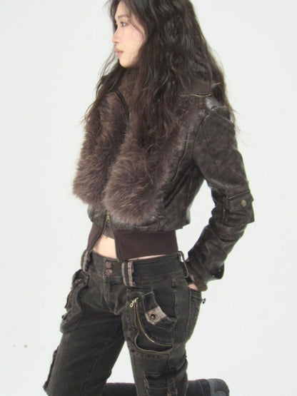 Flowers birds Market Removable Eco-Fur Windproof Short Leather Jacket