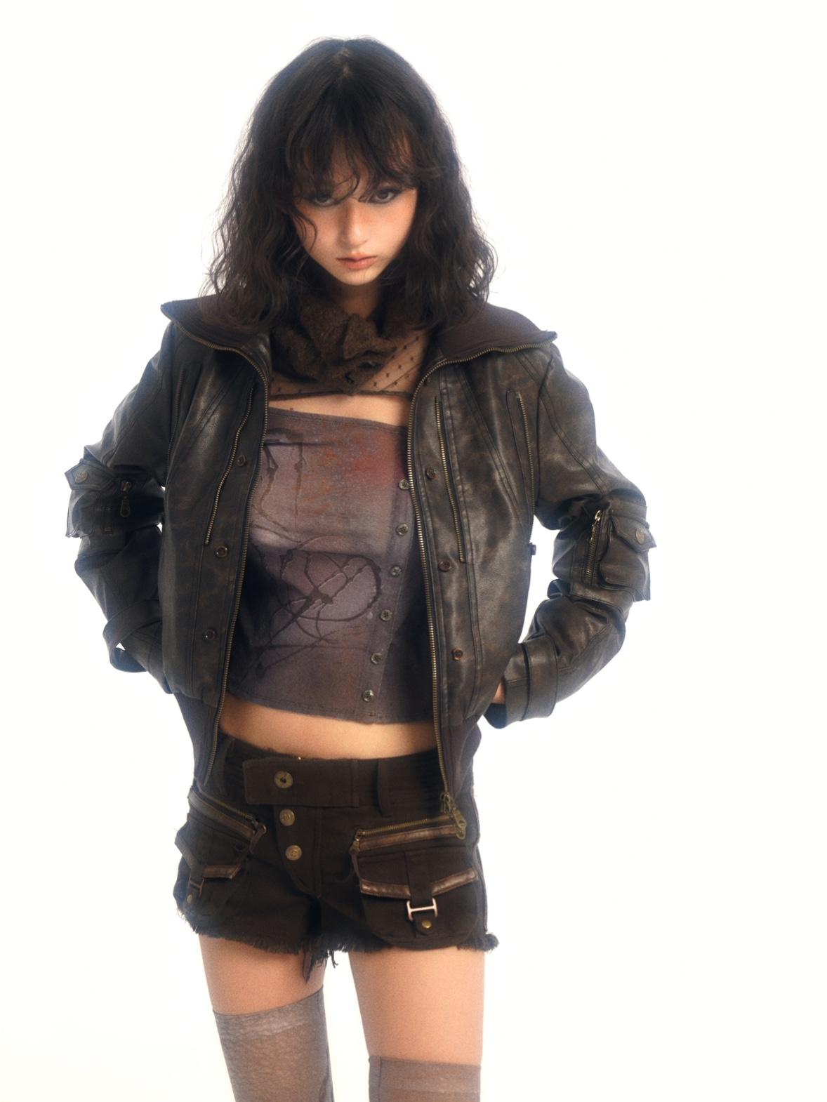 Flowers birds Market Removable Eco-Fur Windproof Short Leather Jacket