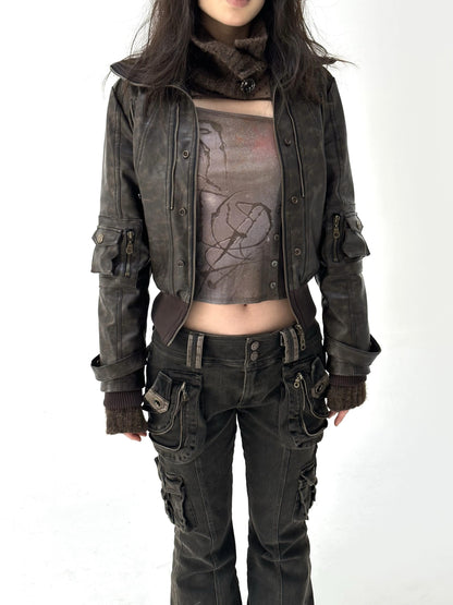 Flowers birds Market Removable Eco-Fur Windproof Short Leather Jacket