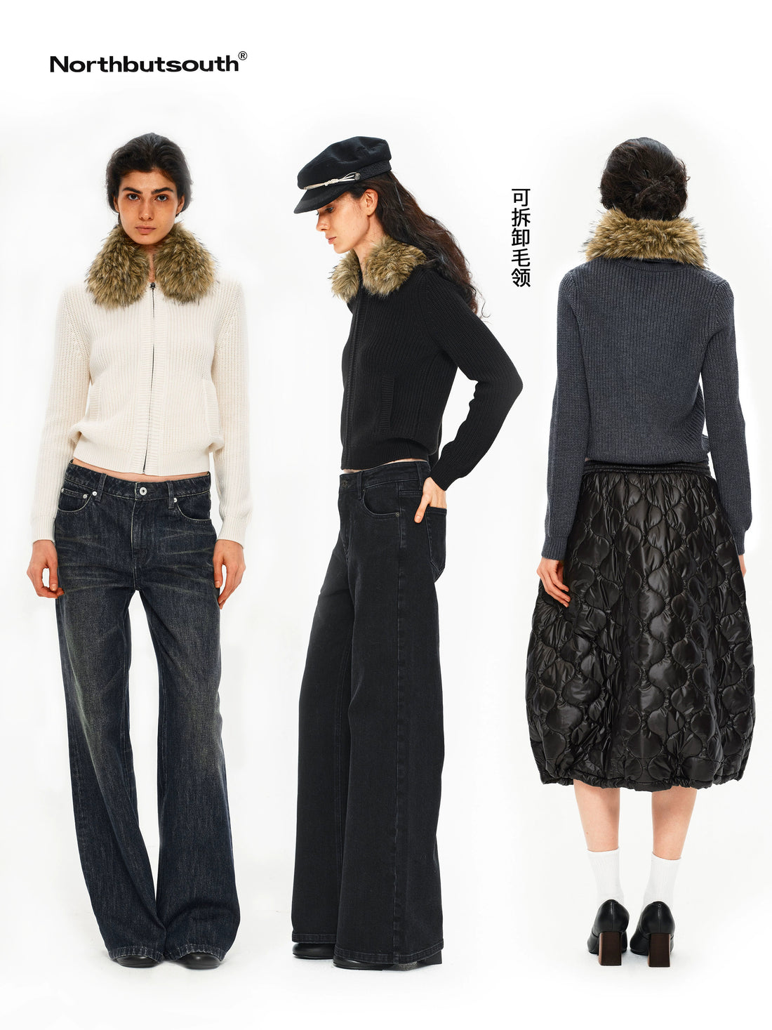 Removable Fur Collar Lapel Zip Front Women&