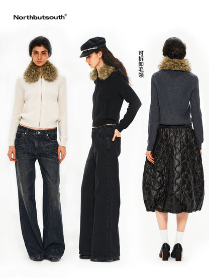 Removable Fur Collar Lapel Zip Front Women&