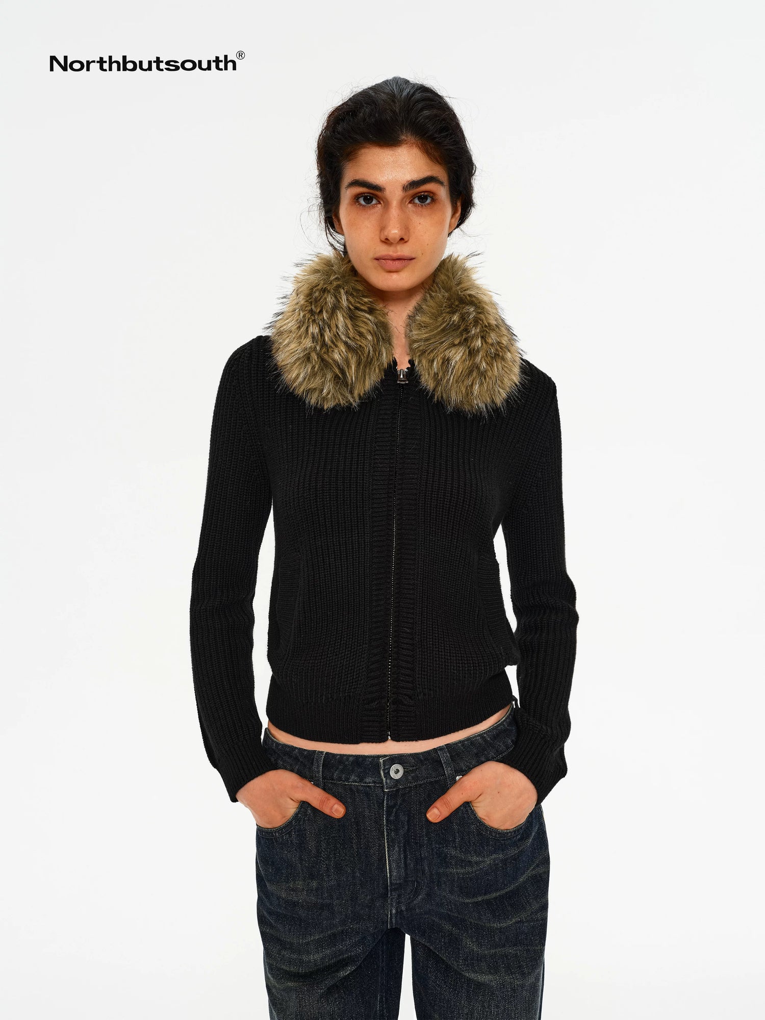 Removable Fur Collar Lapel Zip Front Women&