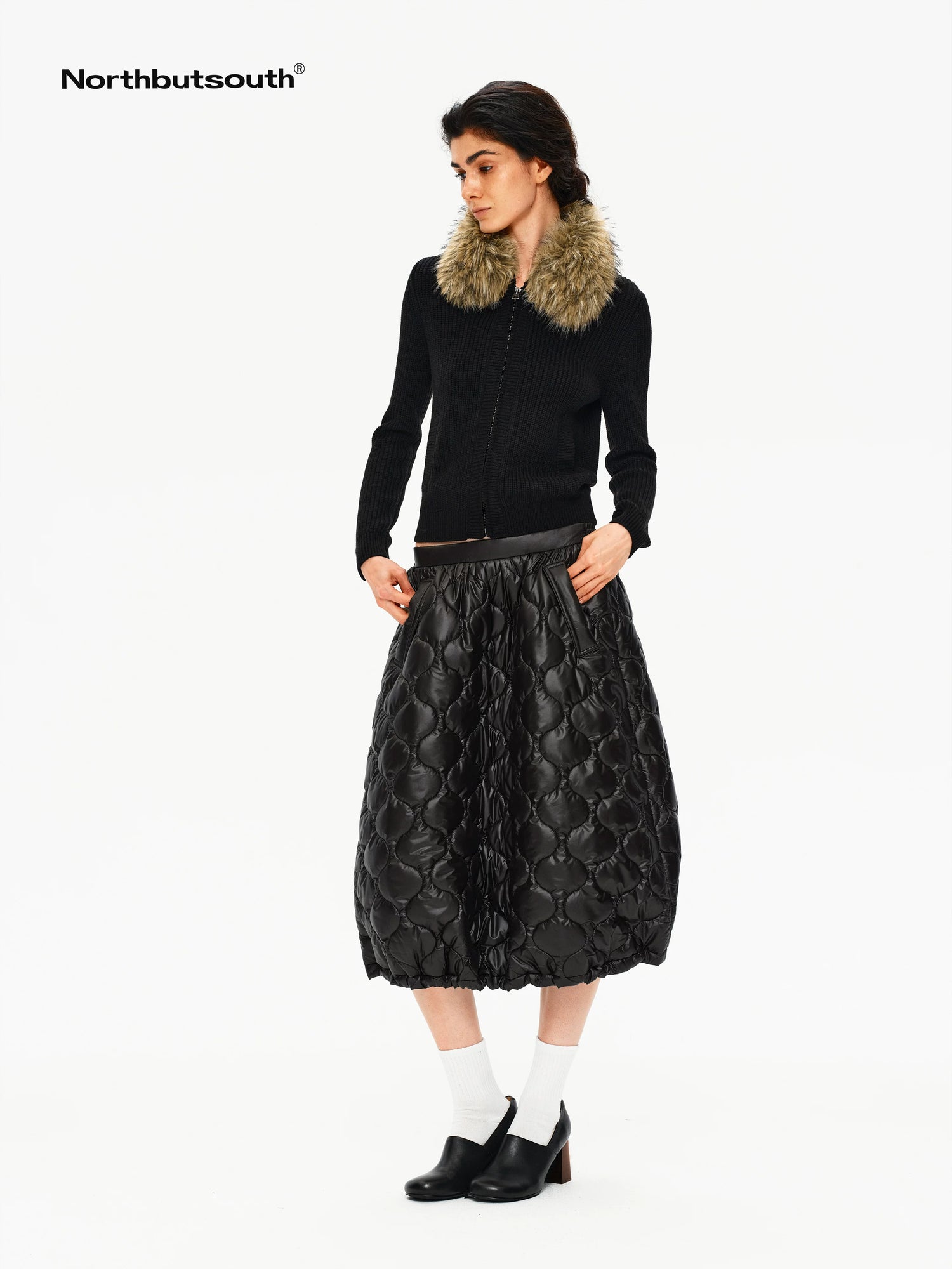 Removable Fur Collar Lapel Zip Front Women&