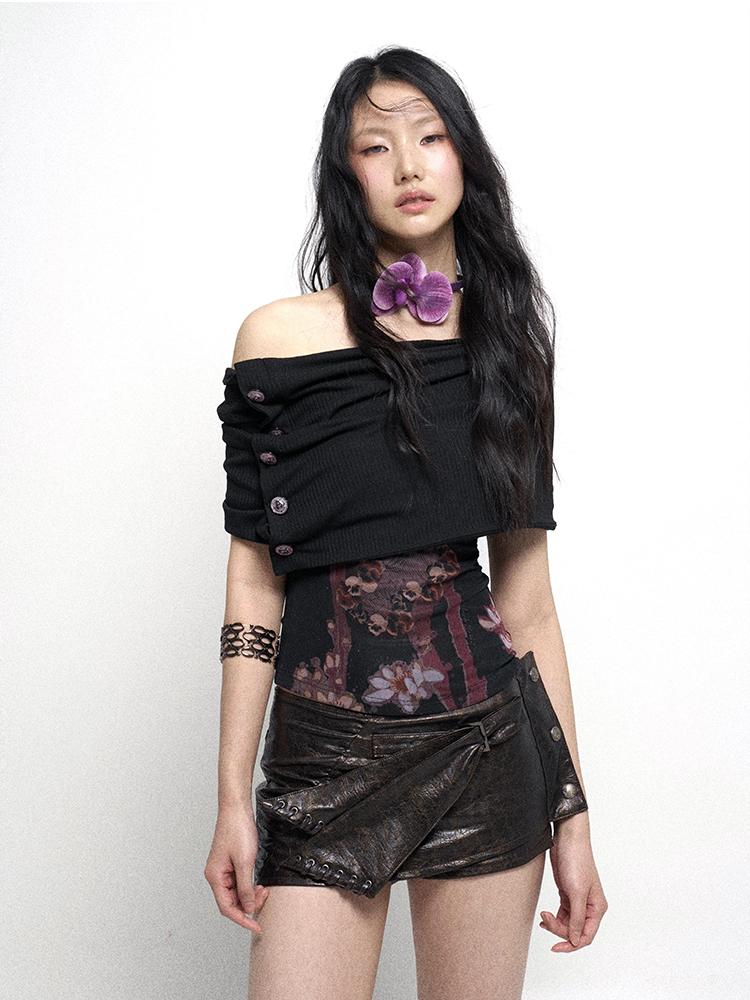 Flowers birds Market Removable Pile Collar Printed Knitted Off-Shoulder Camisole Top
