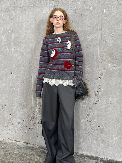 Retro Apple Embroidered Striped Mohair Sweater