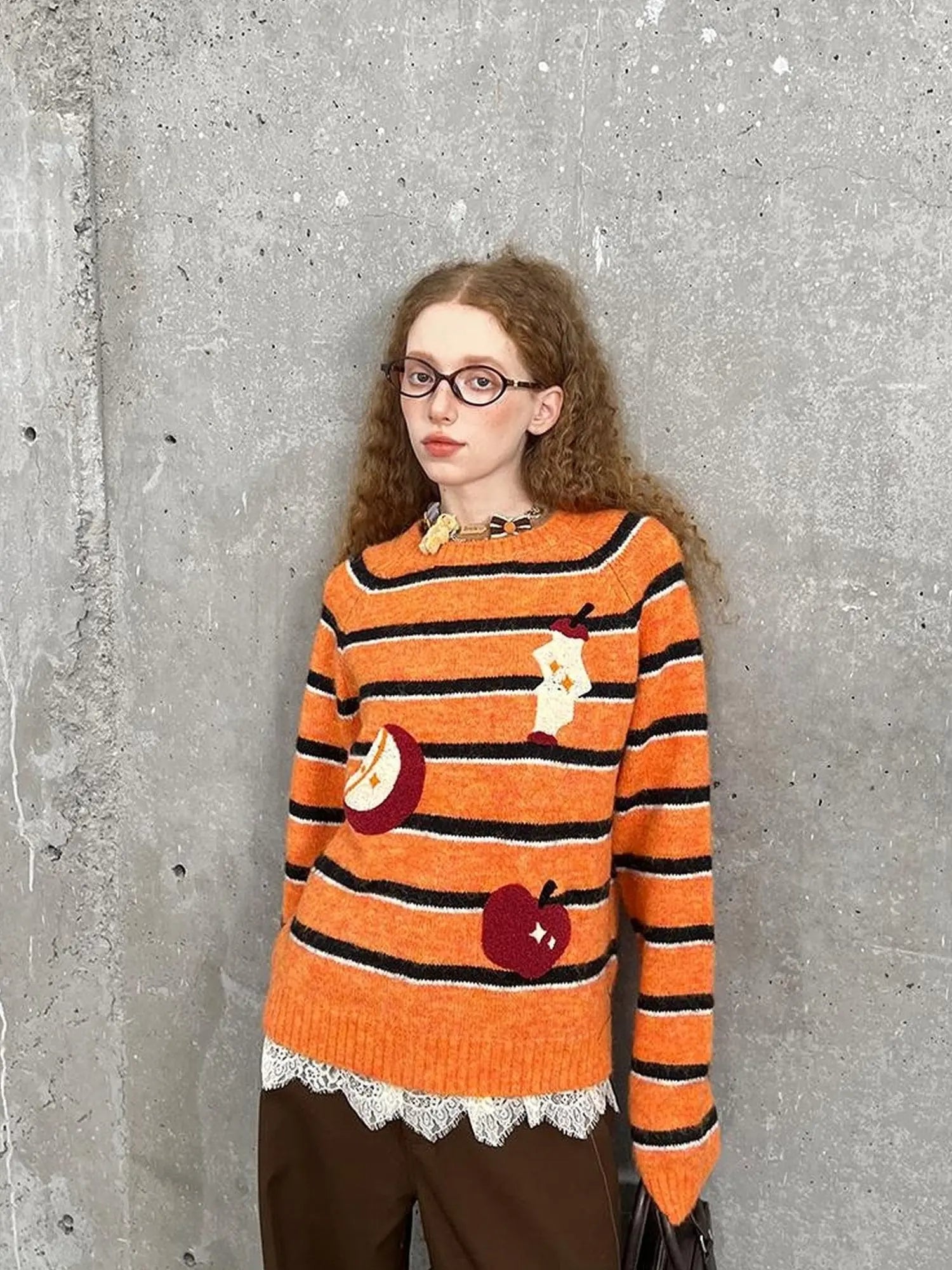 Retro Apple Embroidered Striped Mohair Sweater