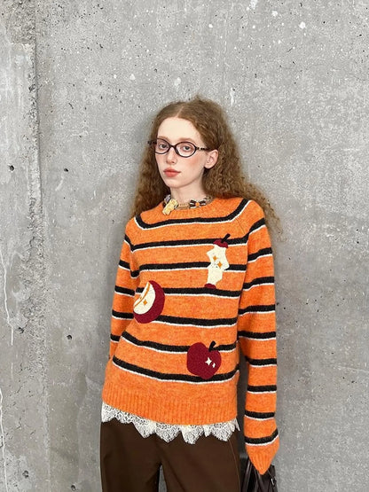 Retro Apple Embroidered Striped Mohair Sweater