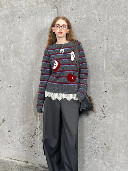 Retro Apple Embroidered Striped Mohair Sweater