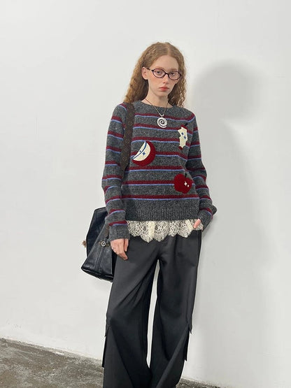Retro Apple Embroidered Striped Mohair Sweater