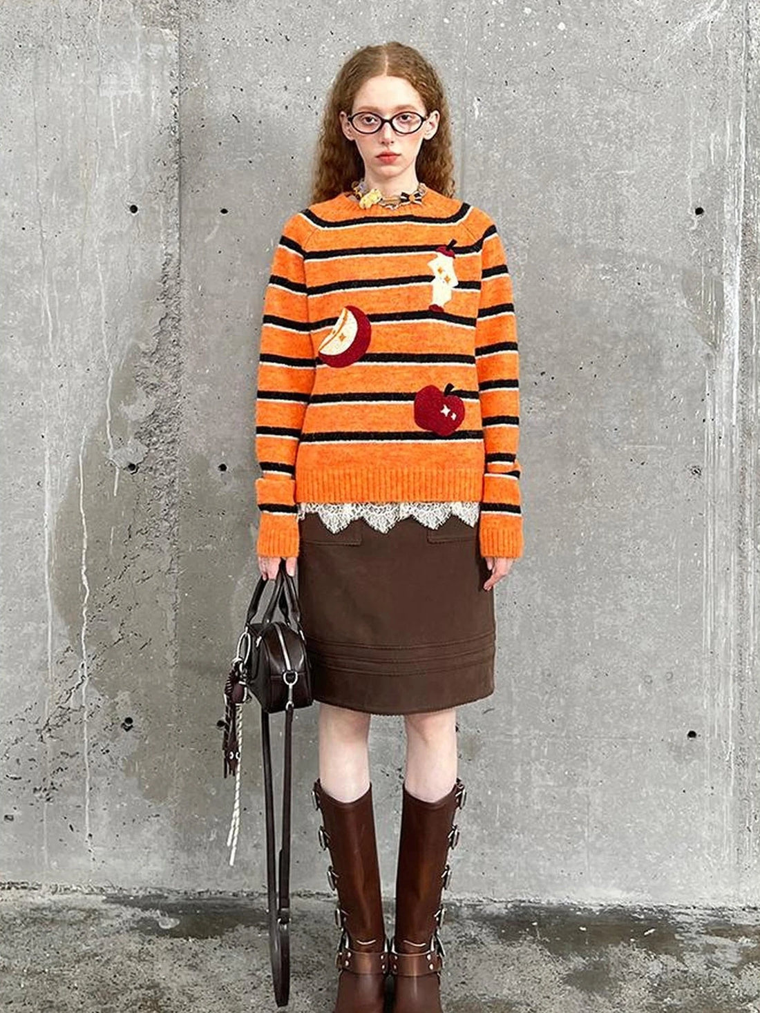 Retro Apple Embroidered Striped Mohair Sweater