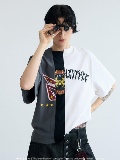 Peoplesense Retro Asymmetrical Contrast Patchwork Tee
