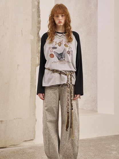 DIDDI MODA Retro Cat Coin Raglan Sleeve Tee