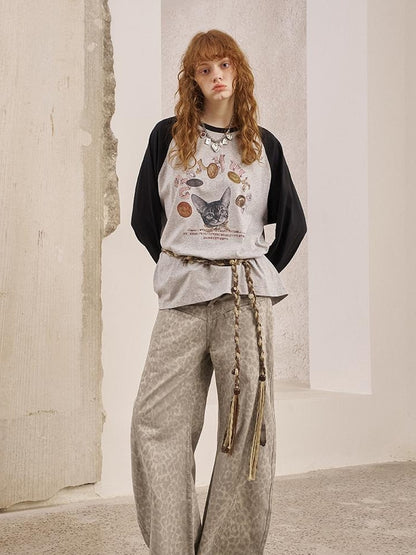 DIDDI MODA Retro Cat Coin Raglan Sleeve Tee
