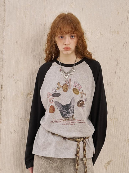 DIDDI MODA Retro Cat Coin Raglan Sleeve Tee