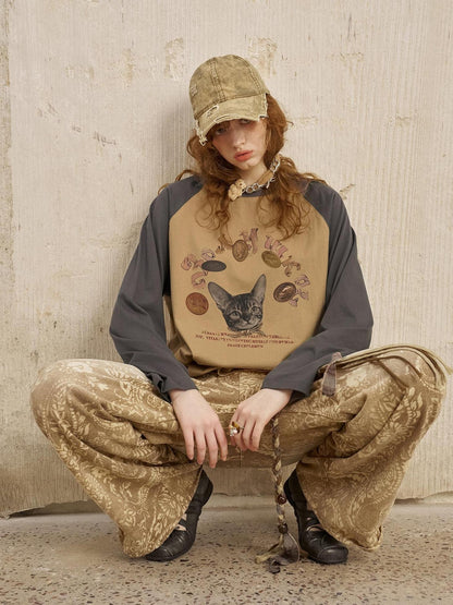 DIDDI MODA Retro Cat Coin Raglan Sleeve Tee