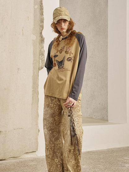 DIDDI MODA Retro Cat Coin Raglan Sleeve Tee