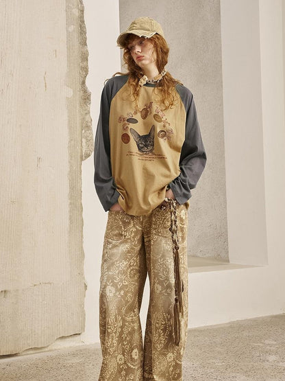 DIDDI MODA Retro Cat Coin Raglan Sleeve Tee