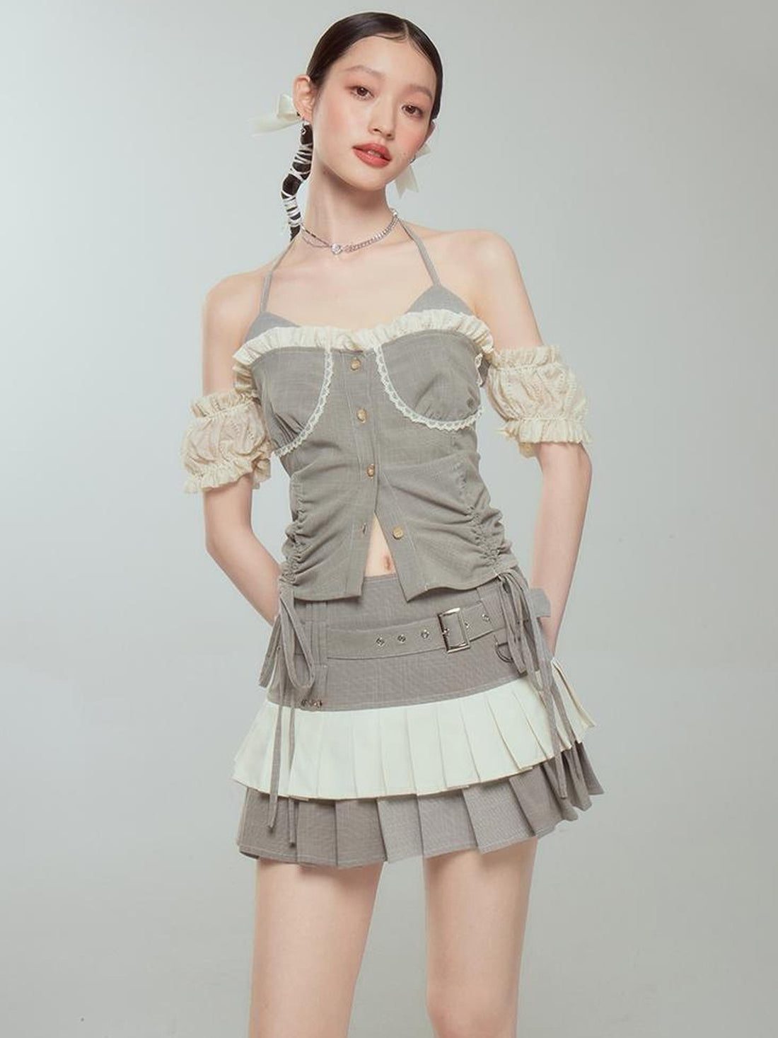 DIDDI MODA Retro Checkered Halter Set With Ruffled Skirt