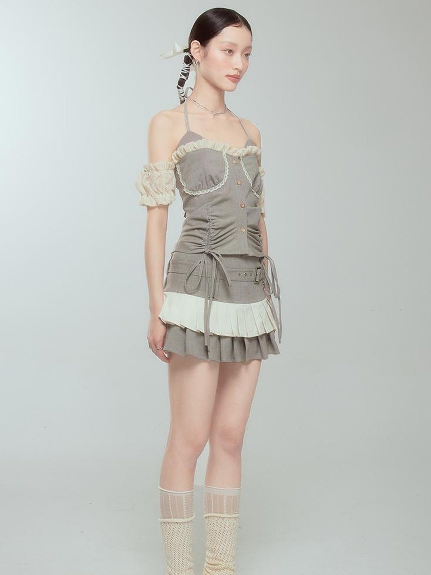 DIDDI MODA Retro Checkered Halter Set With Ruffled Skirt