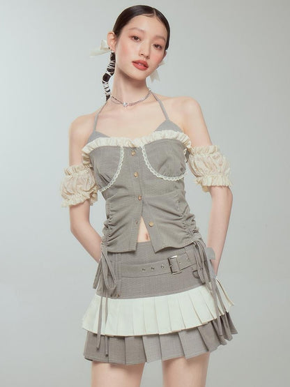DIDDI MODA Retro Checkered Halter Set With Ruffled Skirt