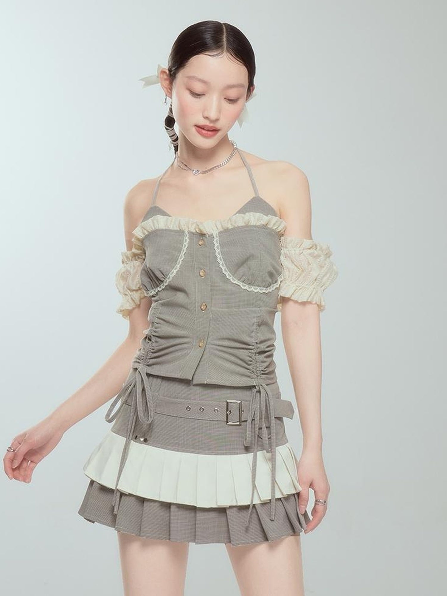 DIDDI MODA Retro Checkered Halter Set With Ruffled Skirt