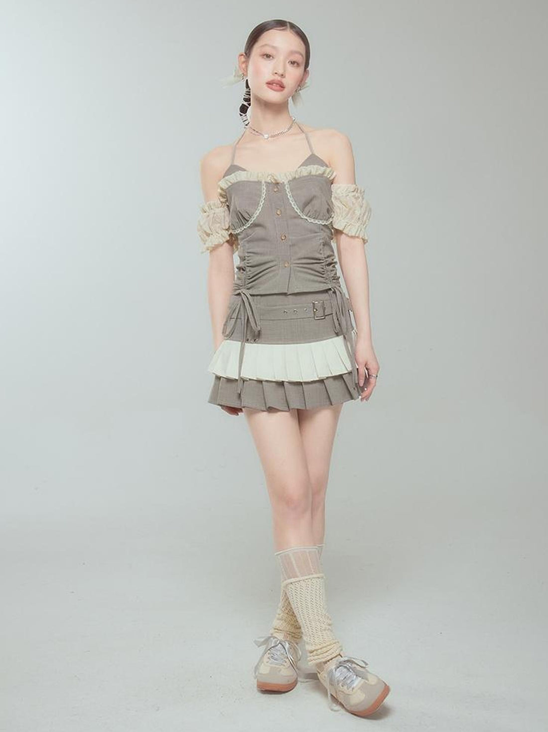 DIDDI MODA Retro Checkered Halter Set With Ruffled Skirt