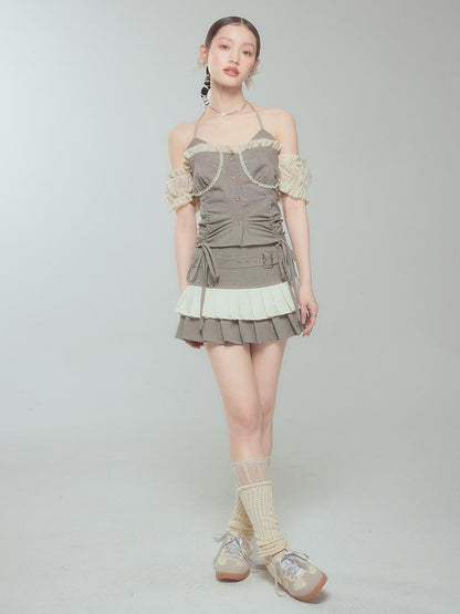 DIDDI MODA Retro Checkered Halter Set With Ruffled Skirt
