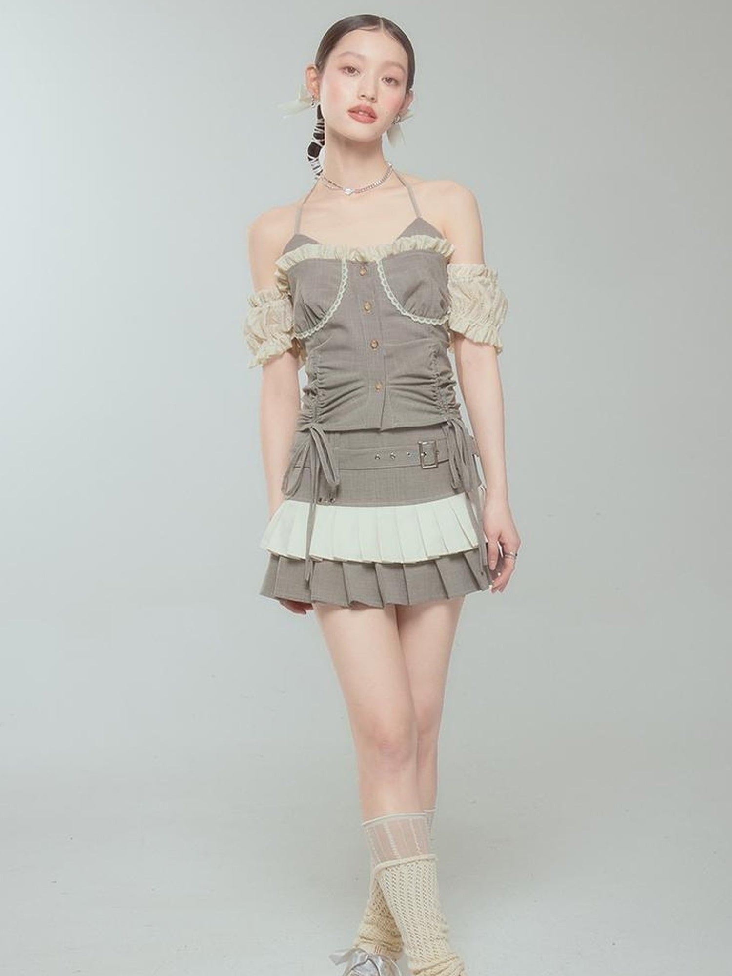 DIDDI MODA Retro Checkered Halter Set With Ruffled Skirt