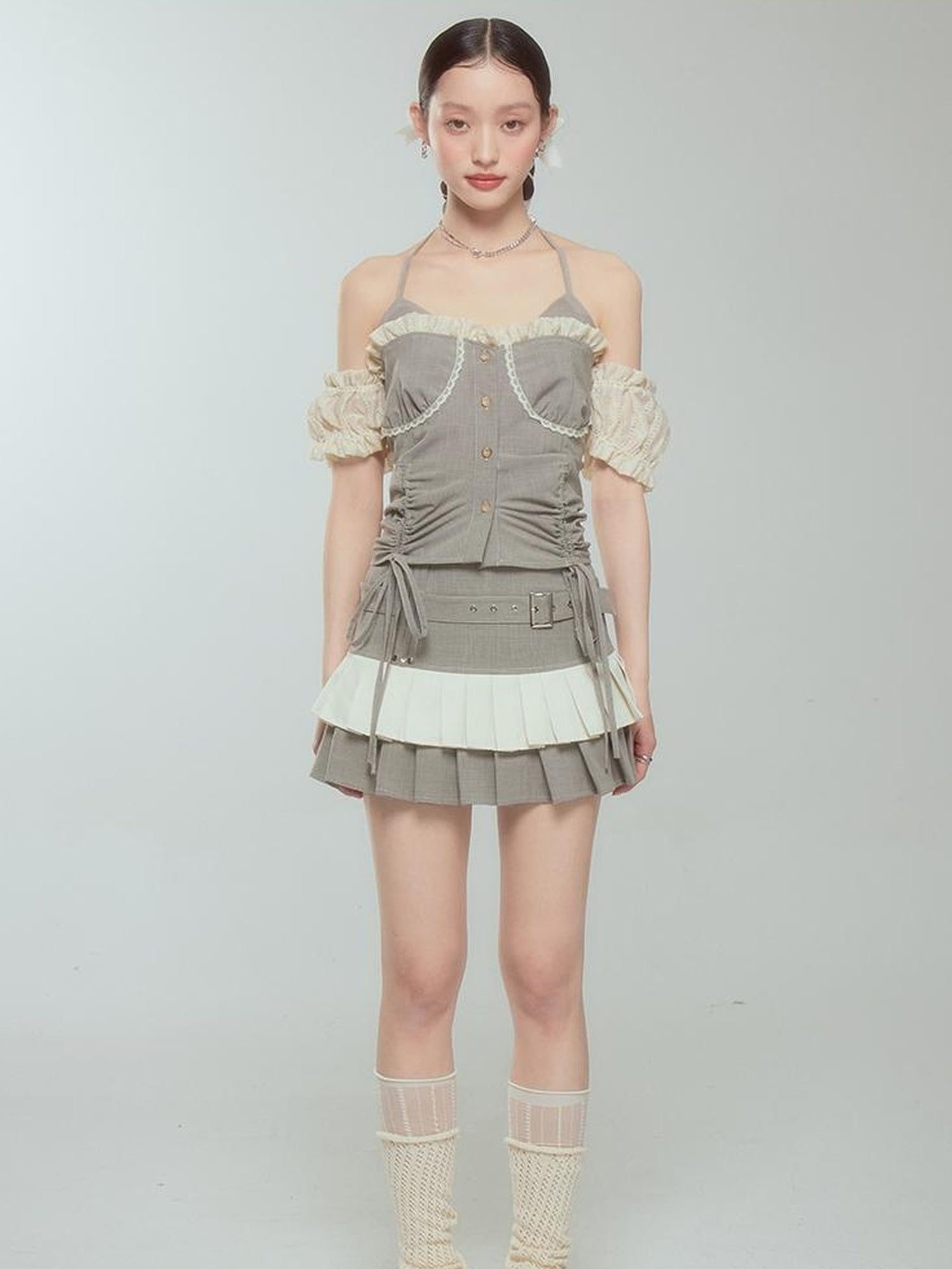 DIDDI MODA Retro Checkered Halter Set With Ruffled Skirt