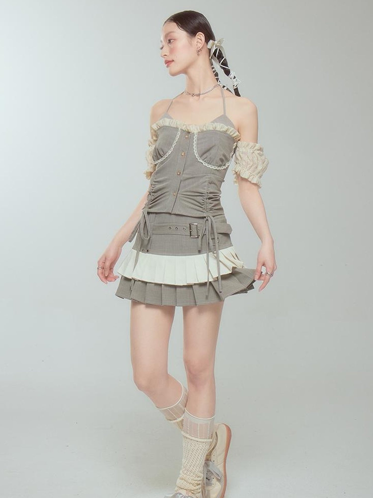 DIDDI MODA Retro Checkered Halter Set With Ruffled Skirt