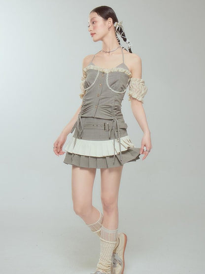 DIDDI MODA Retro Checkered Halter Set With Ruffled Skirt
