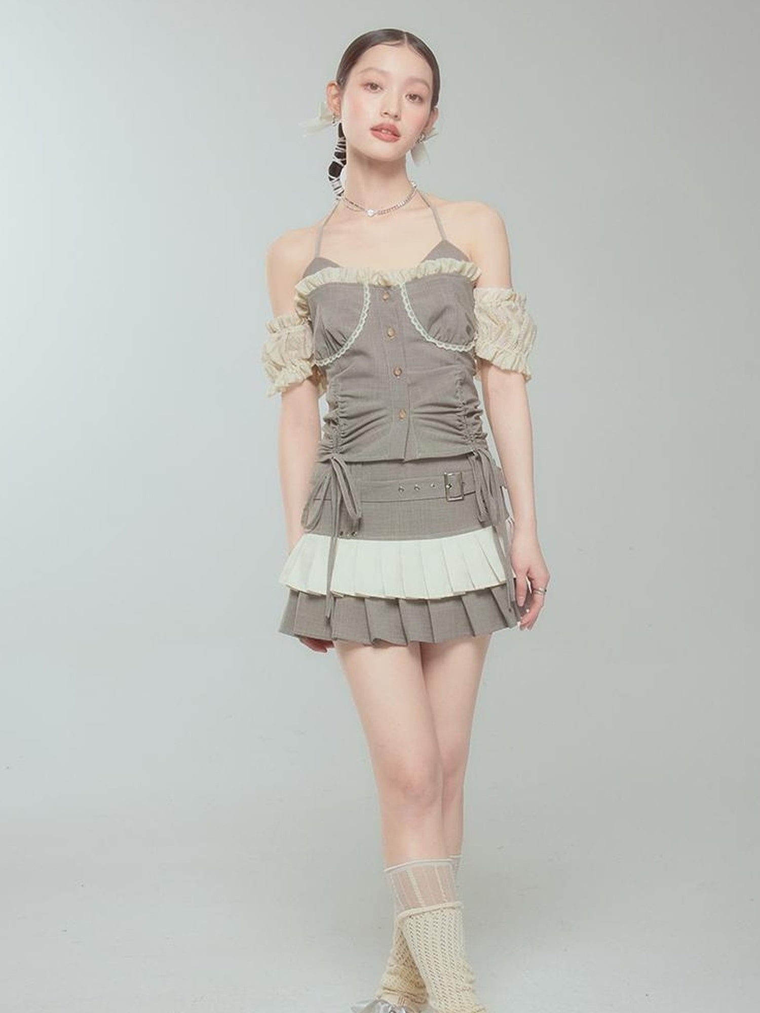 DIDDI MODA Retro Checkered Halter Set With Ruffled Skirt