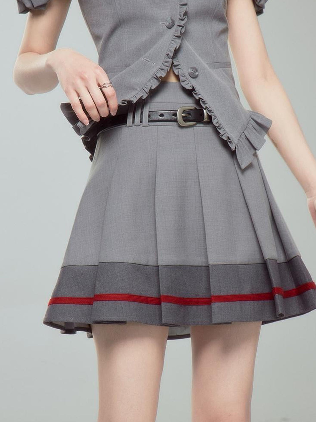 DIDDI MODA Retro Chic High Waist A Line Pleated Skirt With Contrast Trim