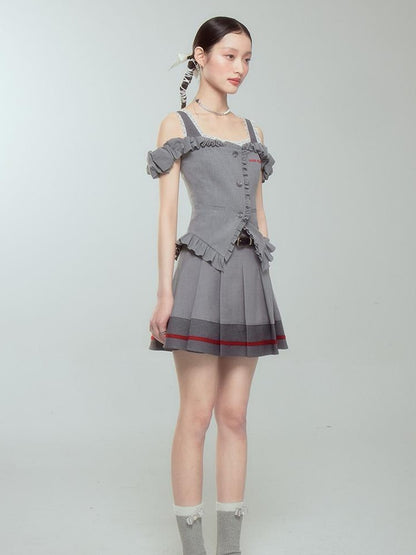 DIDDI MODA Retro Chic High Waist A Line Pleated Skirt With Contrast Trim